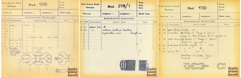 Schede Guidi. Serie di schede di lavorazione della ditta Guidi relative alla realizzazione di bracciali stampati vuoti in cui sono riportati vari dati tra cui il numero di elementi e le misure, per poter riprodurre i bracciali sempre rigorosamente dello stesso peso.