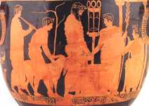 Museo Archeologico Regionale di Agrigento. Cratere a campana attico a figure rosse. Inv. AG. 4688. Pittore di Kleophon. Fine V sec. a.C. Dalla necropoli di Contrada Poggio Giache di Villaseta (Agrigento). Suonatore di aulos in scena di sacrificio al santuario delfico.