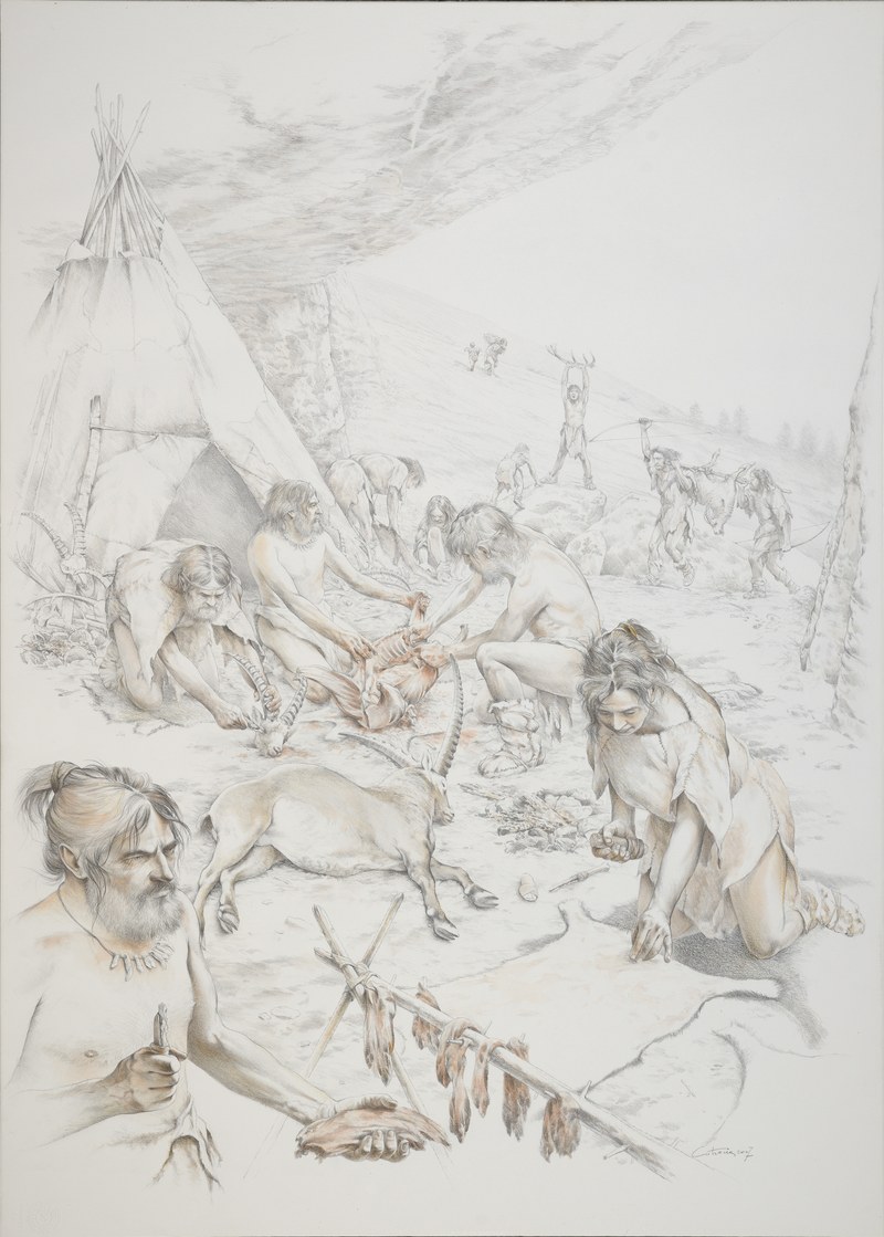 Scena di vita a Riparo Dalmeri 13.000 anni fa (Illustrazione: Mauro Cutrona - MUSE)