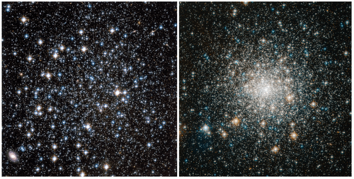 Immagini di due ammassi globulari agli estremi dell’intervallo di densità coperto dal campione analizzato: NGC5466, il meno denso, a sinistra, e NGC6681, l’ammasso più concentrato, a destra (credit: ESA/Hubble)