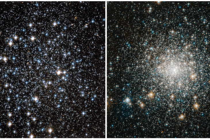 Immagini di due ammassi globulari agli estremi dell’intervallo di densità coperto dal campione analizzato: NGC5466, il meno denso, a sinistra, e NGC6681, l’ammasso più concentrato, a destra (credit: ESA/Hubble)